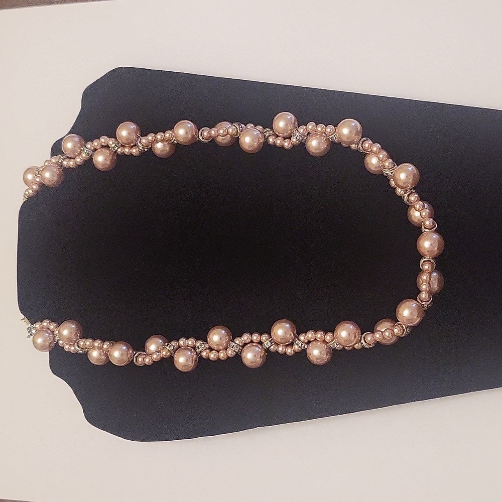 Blush Colored Bead Necklace with Rhinestone Embellishment